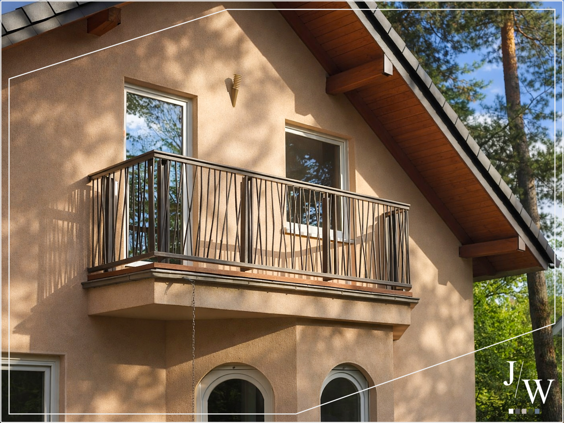 Balkongelaender aus Stahl in Anthrazit an einem Einfamilienhaus in Berlin, modernes Design mit dekorativen vertikalen Elementen auf einem 4 Meter langen Balkon